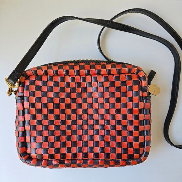 Clare Vivier V Midi Sac Red Black Checker Woven Leather Crossbody Purse EUC Rare - Picture 14 of 16